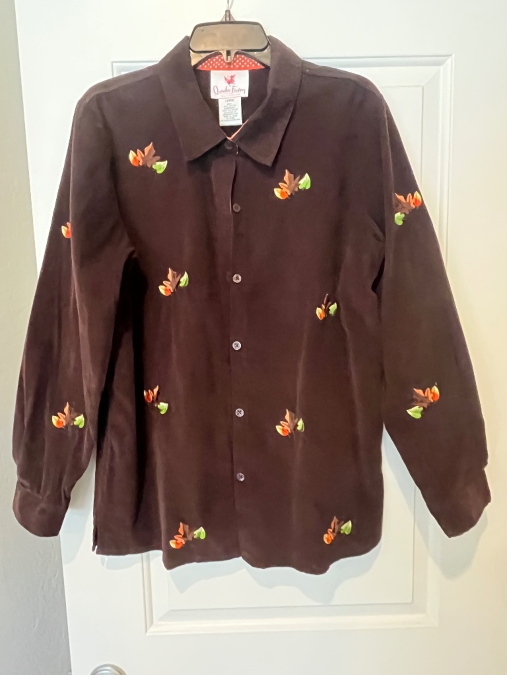 Quacker Factory Brown Corduroy Embroidered Fall Leaf Button Down Shirt Sz L